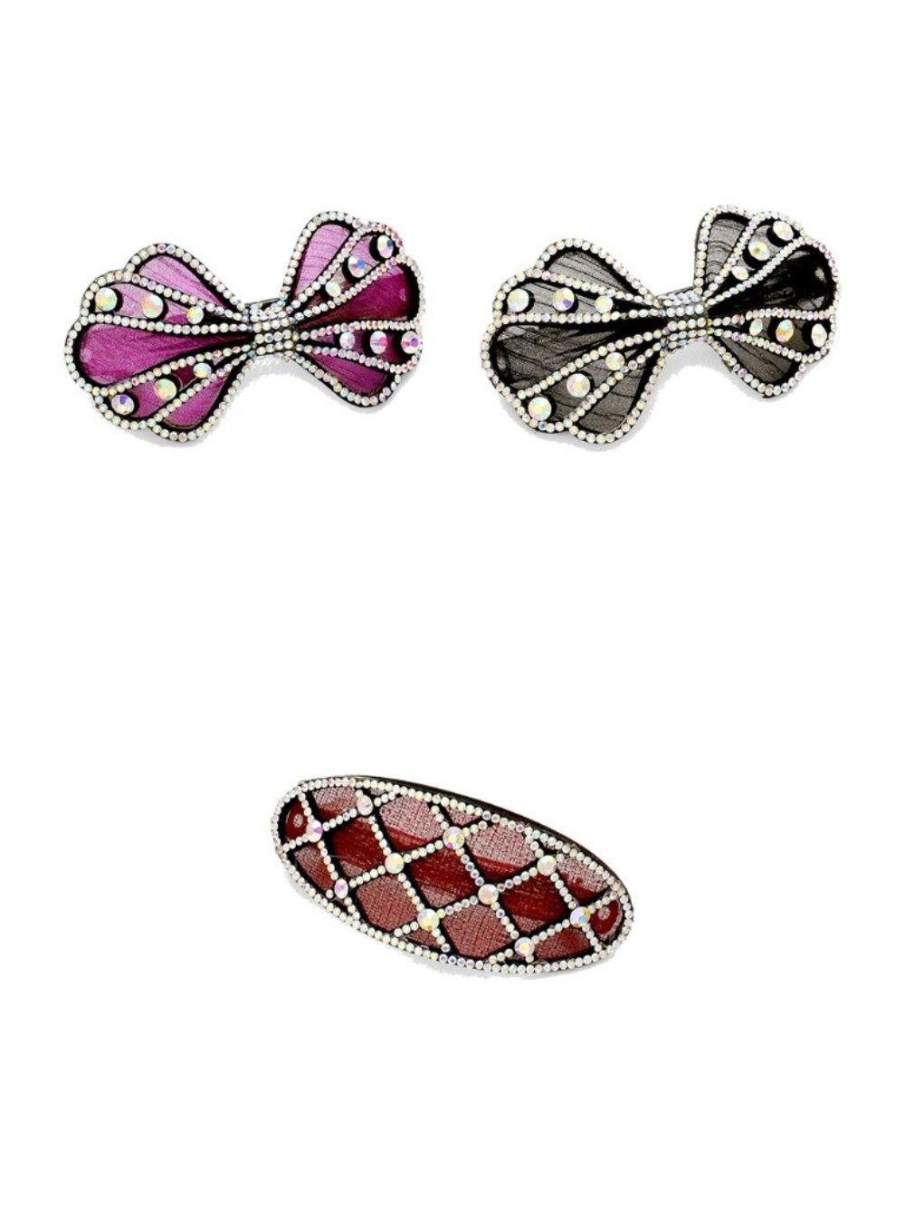 3 Felt Back Rhinestone Hair Barrettes - Purple Bow, Black Bow, Burgundy Oval Set